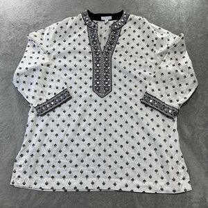 Charter Club Womens Embroidered Top Tunic XL Ivory & Black 3/4 Sleeve Boho Beach